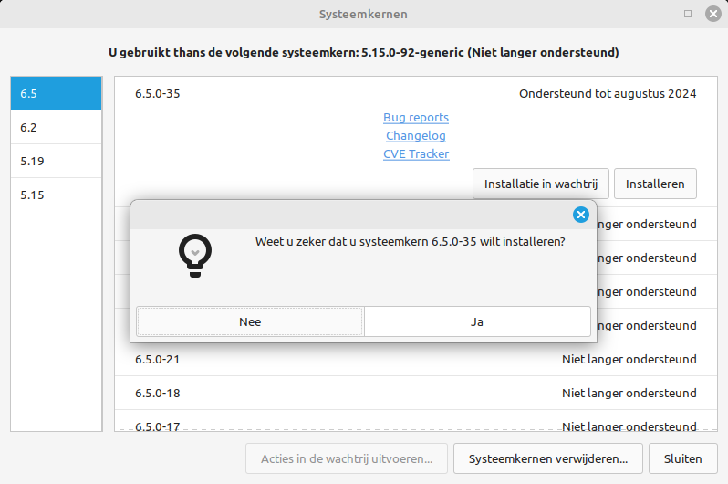 Bijwerkbeheer systeemkern installeren confirmatie