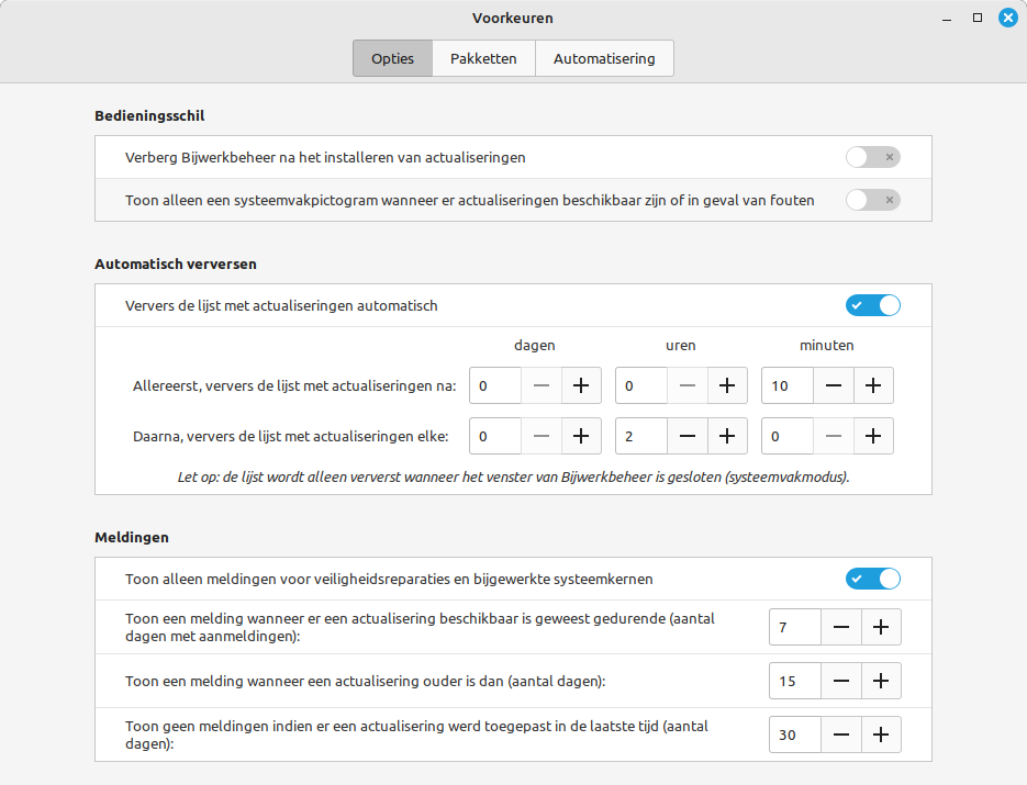 Bijwerkbeheer voorkeuren
