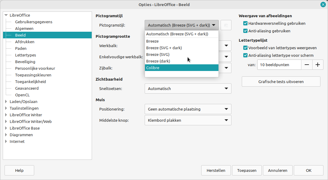 LibreOffice Writer: Opties - Beeld