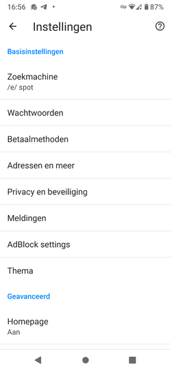 /e/OS browser instellingen
