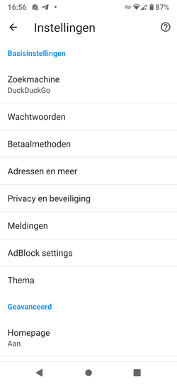 /e/OS browser instellingen